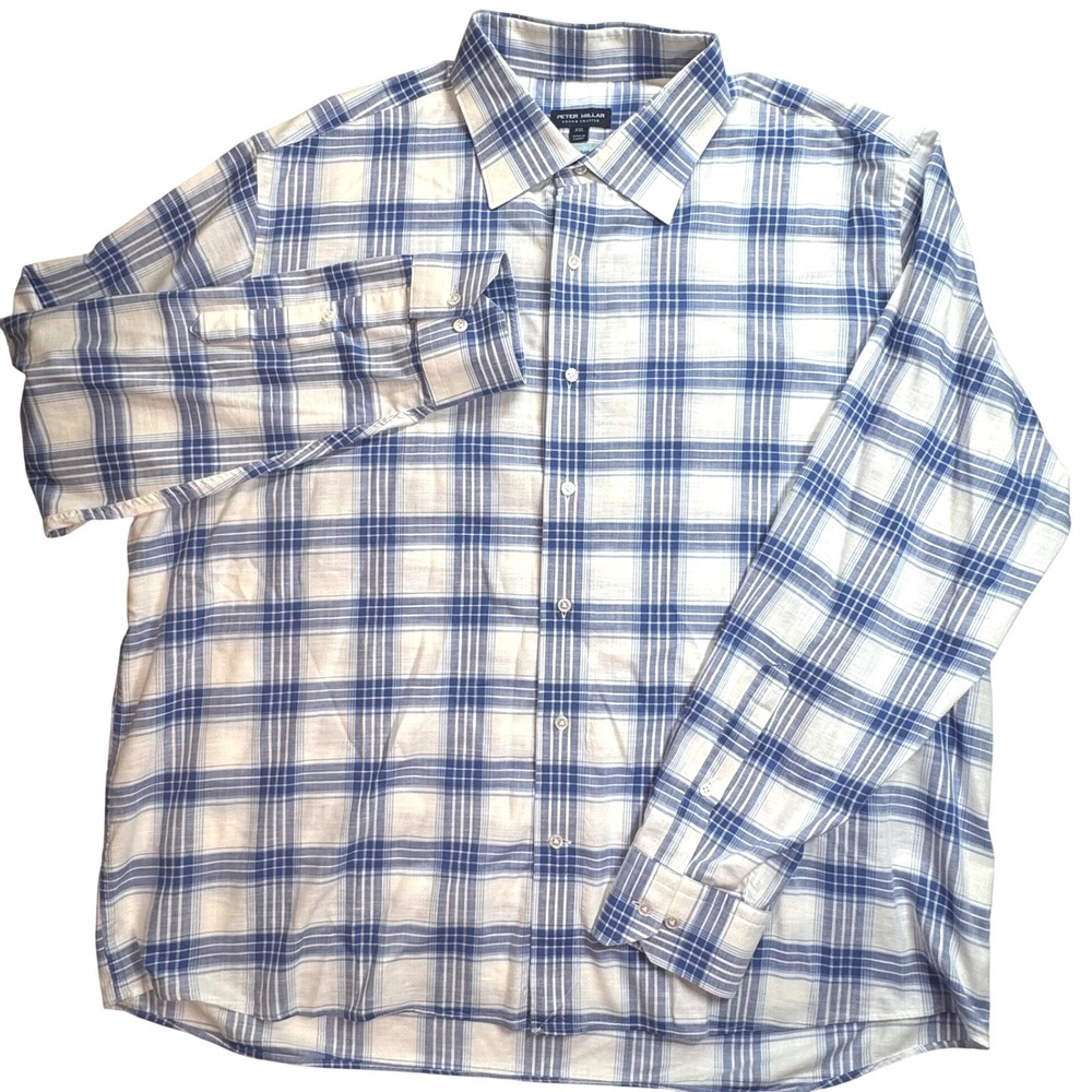 Peter Millar Crown Crafted Mens XXL Blue White Plaid Flex Finish Cotton Shirt - Picture 2 of 8